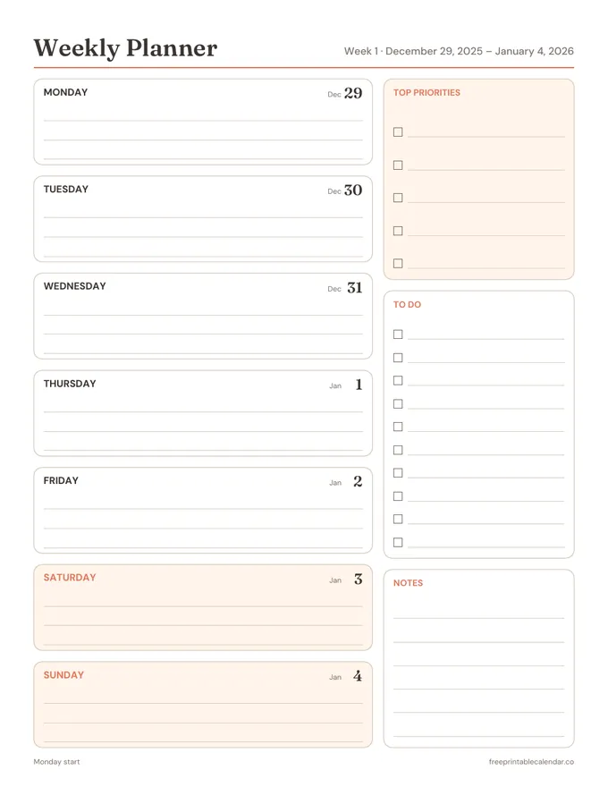 Preview of the 2026 weekly planner (dated)