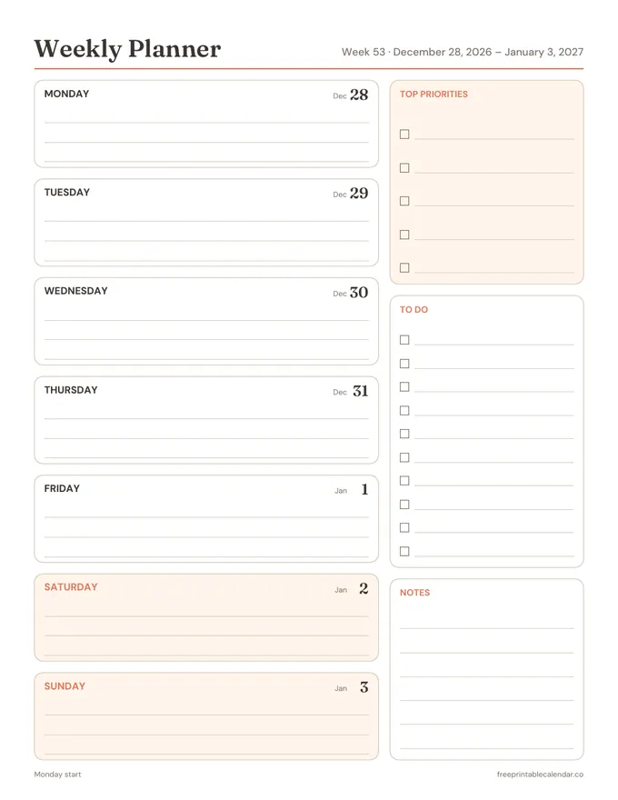 Preview of the 2027 weekly planner (dated)