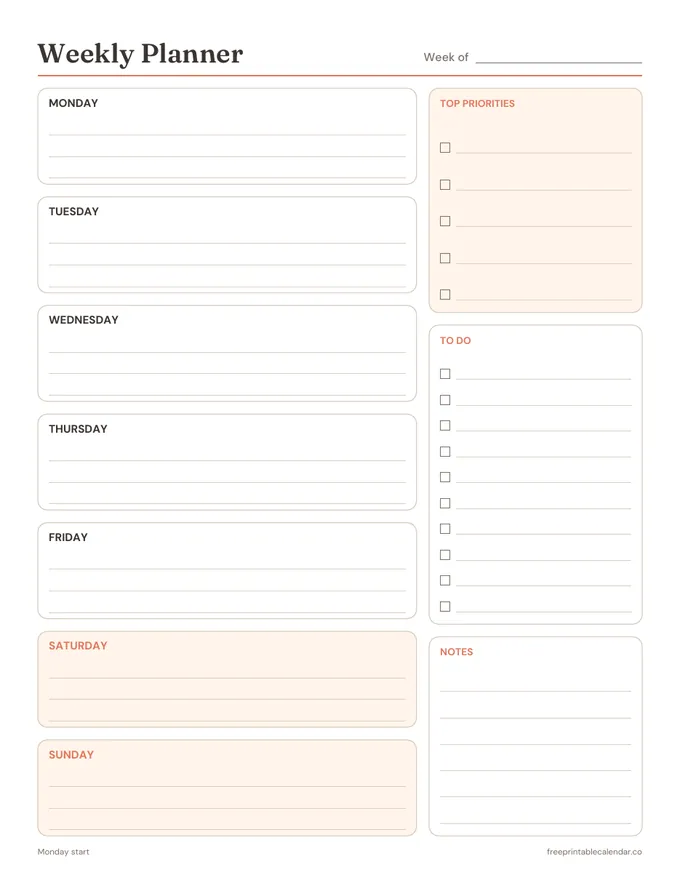Preview of the blank weekly planner (undated)