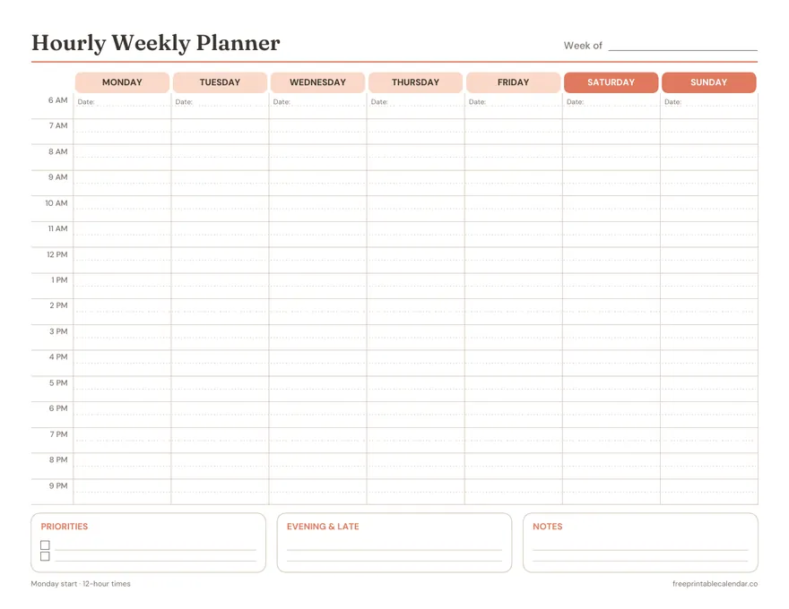 Preview of the hourly weekly planner (undated)